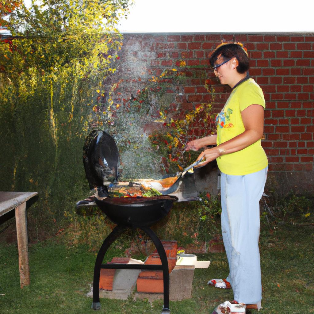 Woman grilling food in backyard
