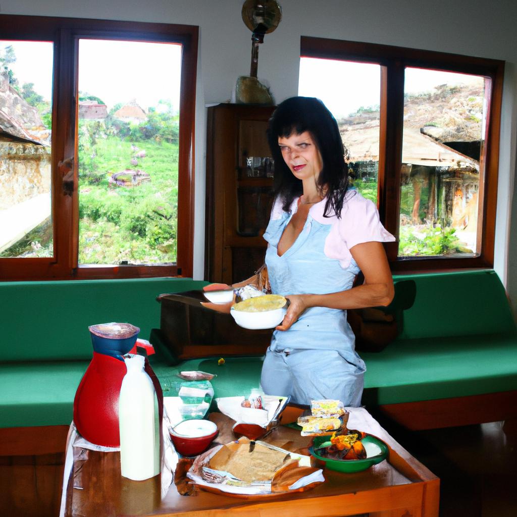 Woman serving breakfast at guesthouse
