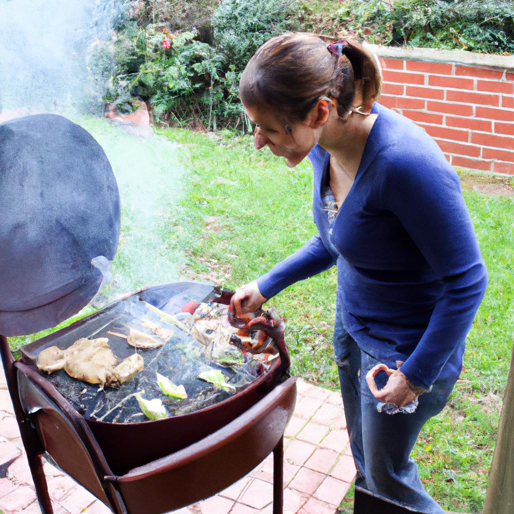Woman grilling food in backyard