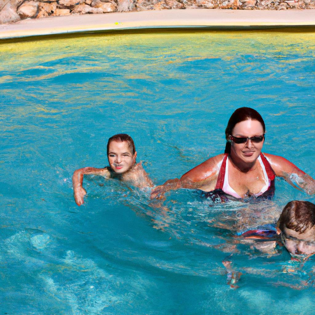 Woman swimming with her children