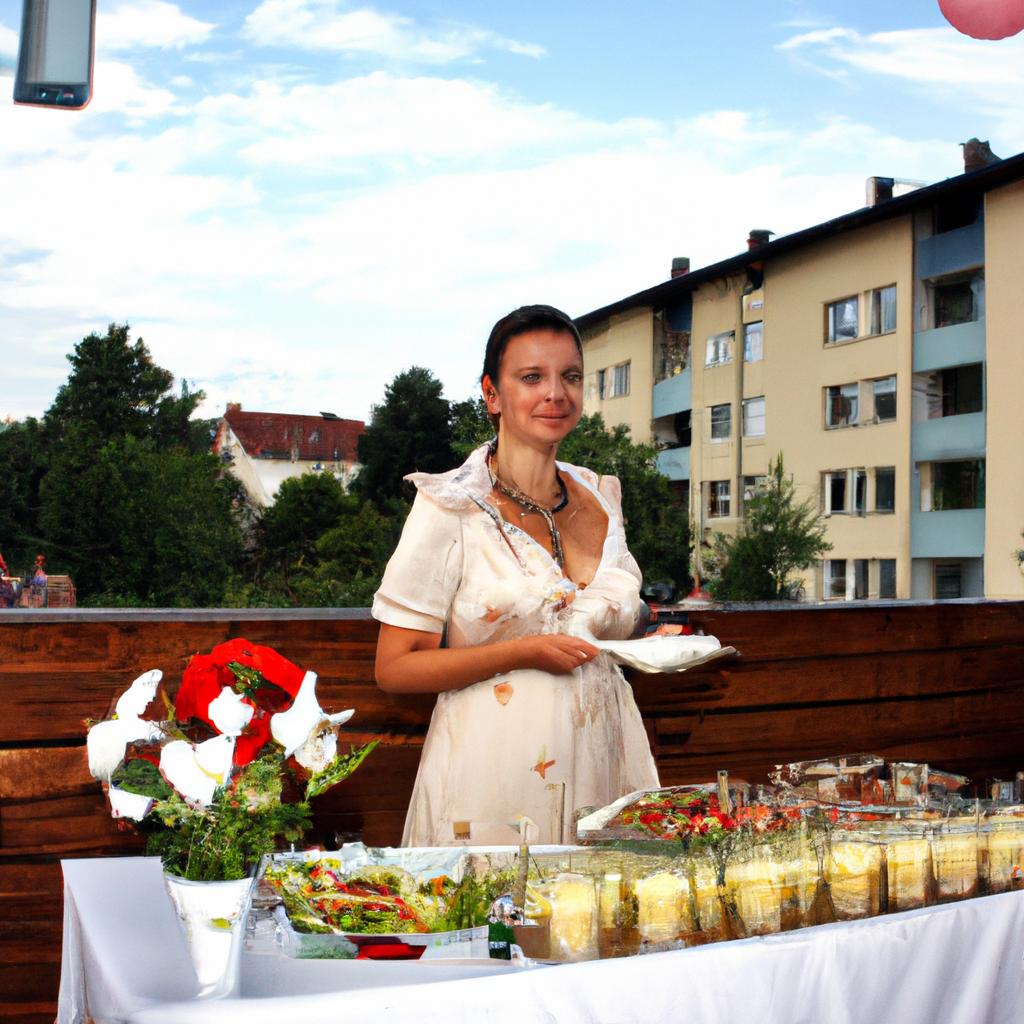 Woman serving guests on terrace