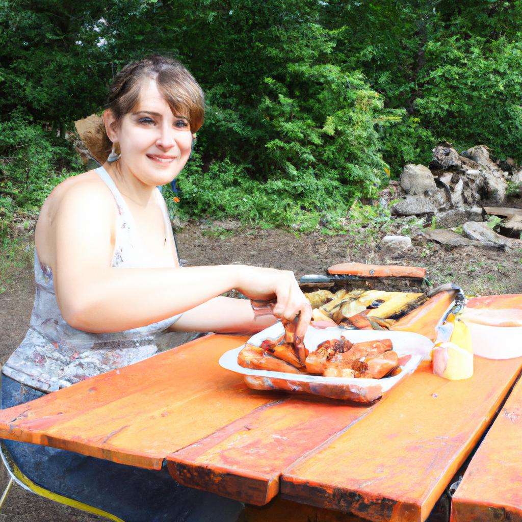 Woman grilling food at picnic table