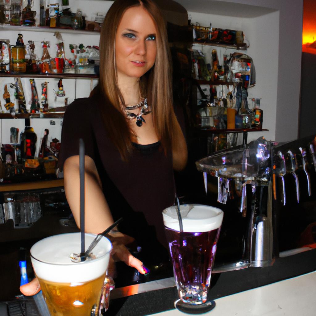Woman serving drinks at bar