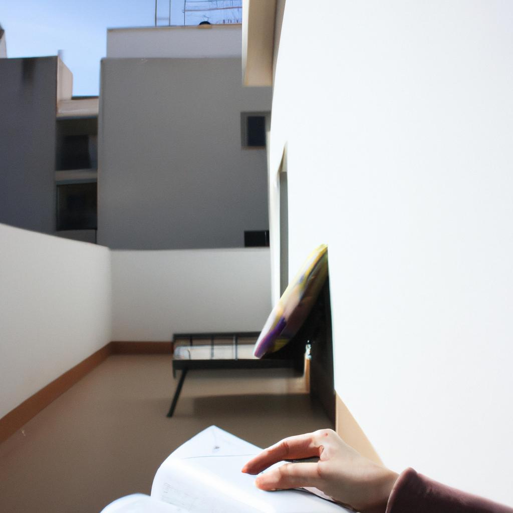 Person reading book on terrace