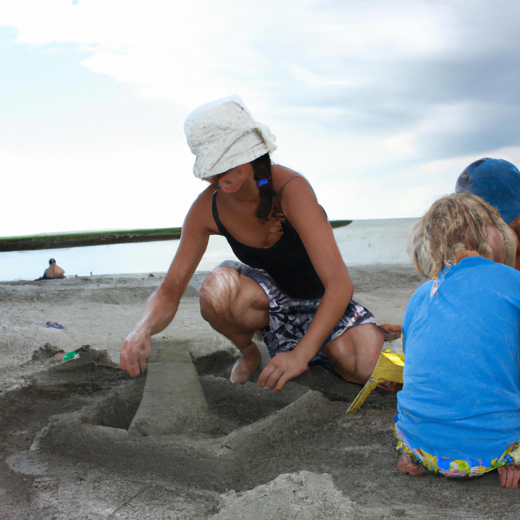 Woman building sandcastle with children