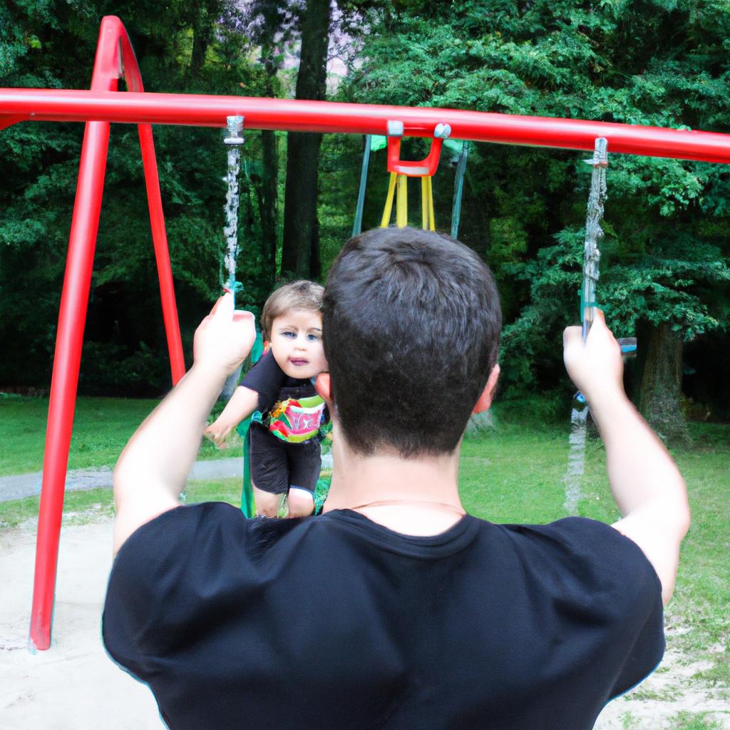 Man pushing child on swing